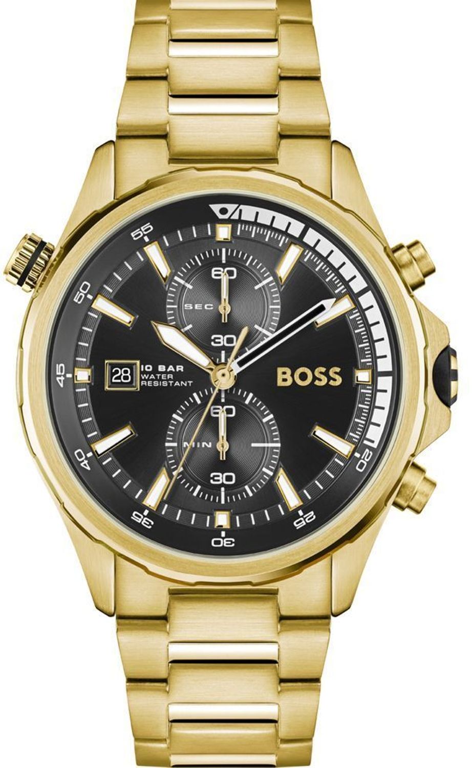 Zegarek męski HUGO BOSS Globetrotte 1513932 z czarną tarczą i chronografem.  Zegarek na złotej bransolecie. Zegarek męski na bransolecie. Zegarek męski Hugo Boss z chronografem. Zegarek męski Hugo.jpg