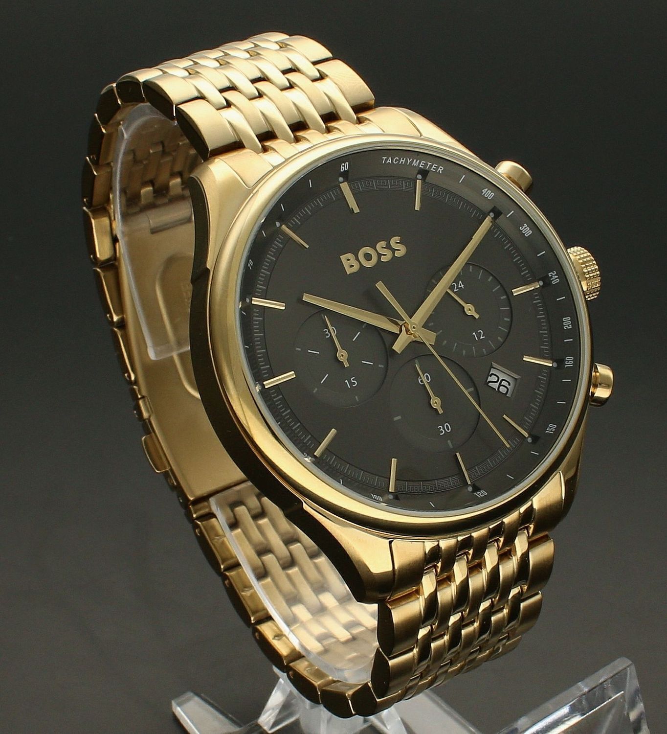 Zegarek męski złoty Hugo Boss złoty Gregor 1514051 Grafitowa tarcz. Zegarek na złotej bransolecie. Zegarek męski na bransolecie. Zegarek męski Hugo Boss z chronografem. Zegarek męski Hugo Boss idealny na prezent dla mężczyzny..jpg