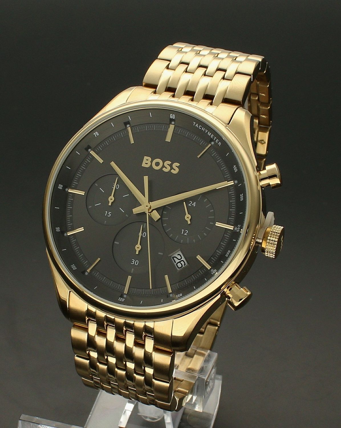 Zegarek męski złoty Hugo Boss złoty Gregor 1514051 Grafitowa tarcz. Zegarek na złotej bransolecie. Zegarek męski na bransolecie. Zegarek męski Hugo Boss z chronografem. Zegarek męski Hugo Boss idealny na prezent dla mężczyzny..jpg