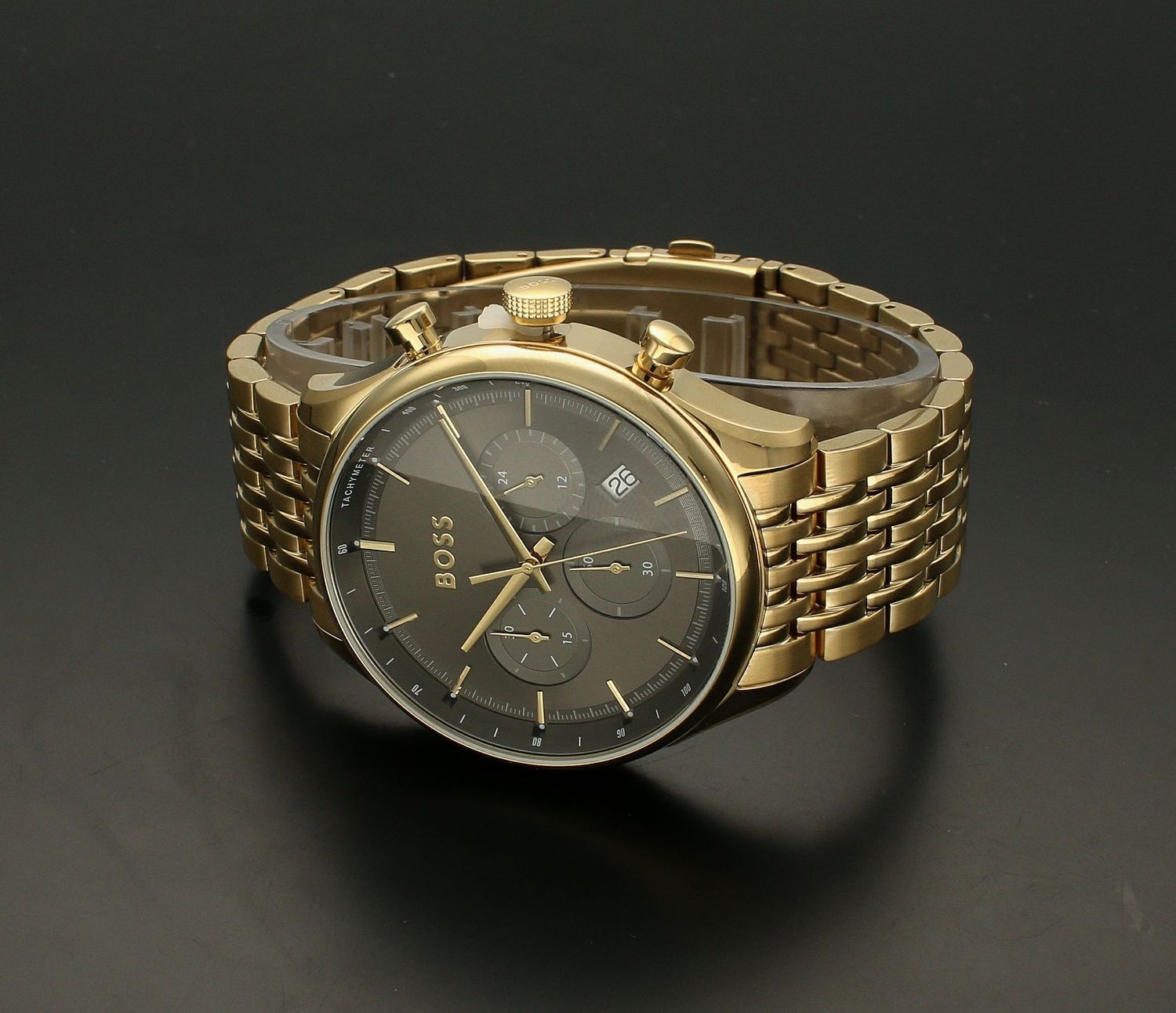 Zegarek męski złoty Hugo Boss złoty Gregor 1514051 Grafitowa tarcz. Zegarek na złotej bransolecie. Zegarek męski na bransolecie. Zegarek męski Hugo Boss z chronografem. Zegarek męski Hugo Boss idealny na prezent dla mężczyzny..jpg