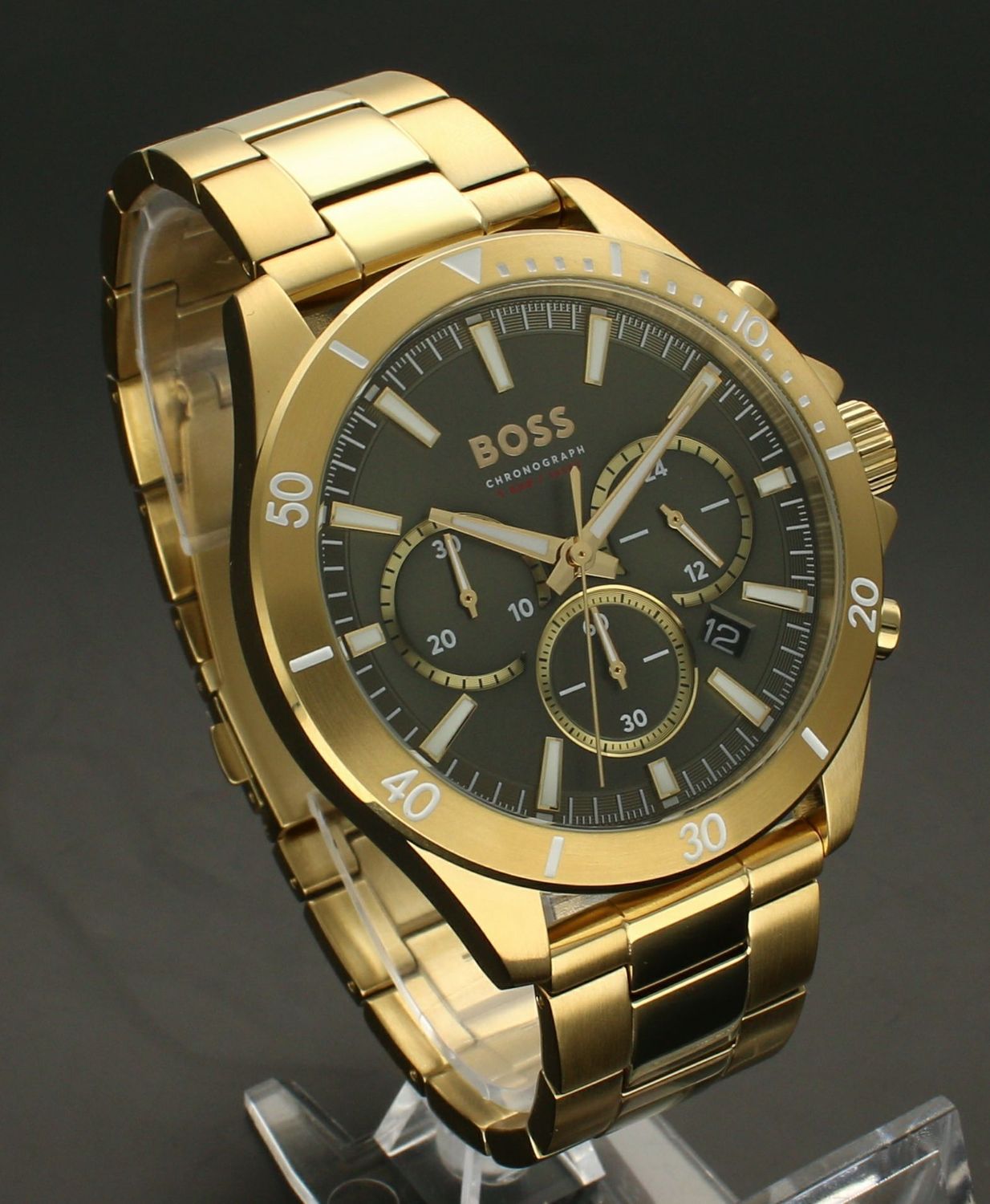 Zegarek męski złoty Hugo Boss złoty Troper 1514059. Zegarek na złotej bransolecie. Zegarek męski na bransolecie. Zegarek męski Hugo Boss z chronografem. Zegarek męski Hugo Boss idealny na prezent dla mężczyzny..jpg
