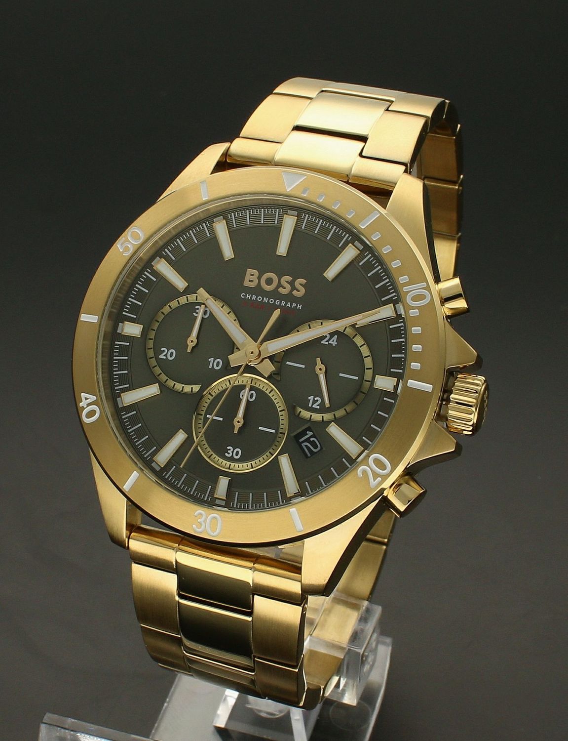 Zegarek męski złoty Hugo Boss złoty Troper 1514059. Zegarek na złotej bransolecie. Zegarek męski na bransolecie. Zegarek męski Hugo Boss z chronografem. Zegarek męski Hugo Boss idealny na prezent dla mężczyzny..jpg