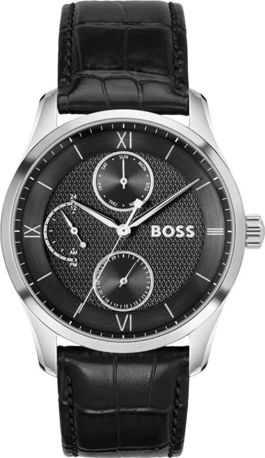 Odkryj zegarek męski Boss 1514272 z kopertą ze stali i paskiem ze skóry. Czarna tarcza, klasyczny design i luksusowy charakter – idealny do pracy i na wyjątkowe okazje.1.jpg