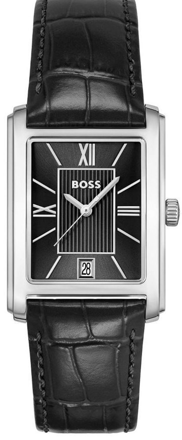 Stylowy zegarek męski BOSS Principle z prostokątną kopertą, skórzanym paskiem i czarną tarczą. Mechanizm kwarcowy, datownik i szkło mineralne. Klasa i elegancja na co dzień!1.jpg