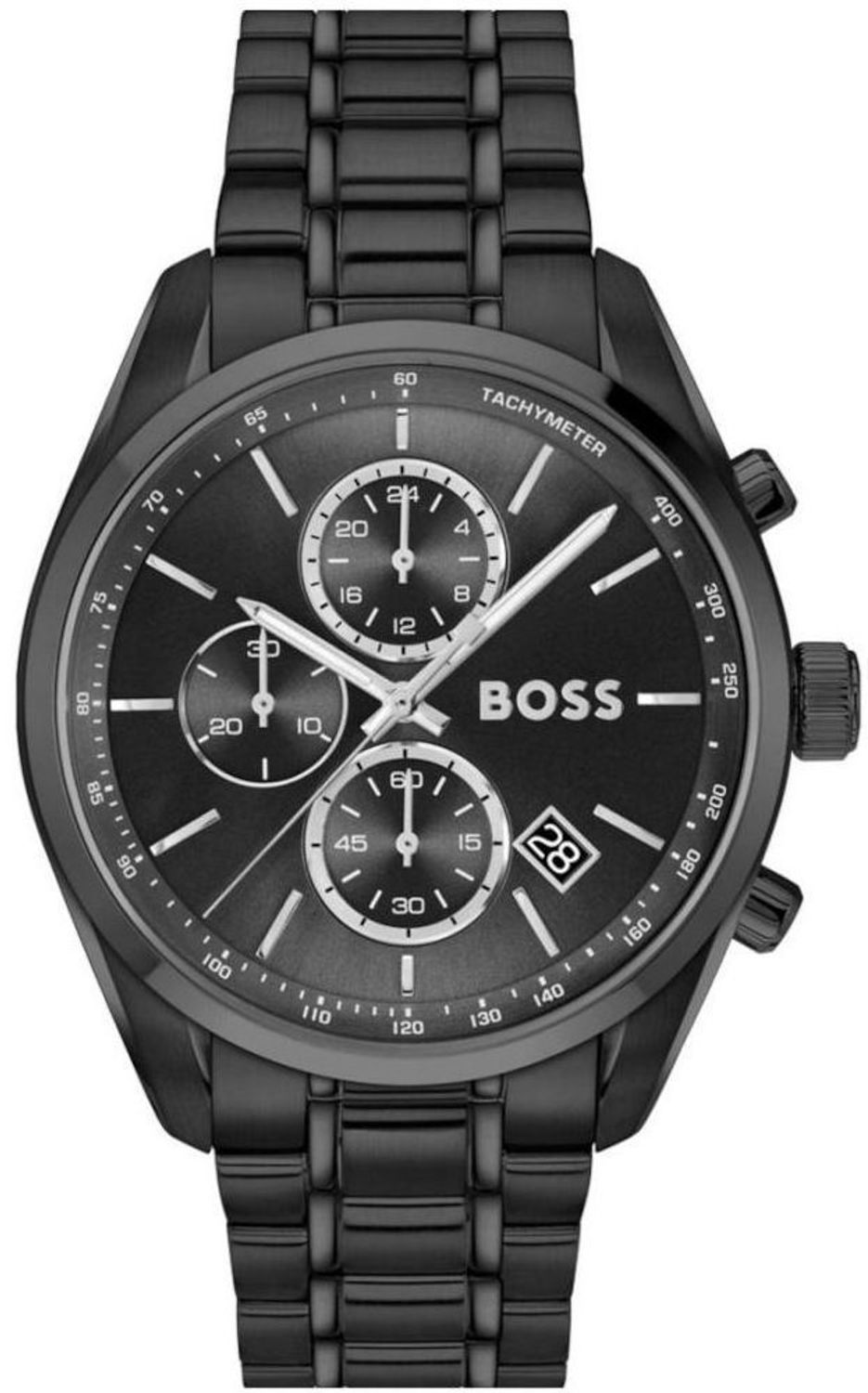 Męski zegarek Boss Grand Prix z kopertą 44 mm, czarną tarczą i stalową bransoletą. Mechanizm kwarcowy, datownik, chronograf i skala tachymetryczna. Wodoszczelność 5 bar.1.jpg