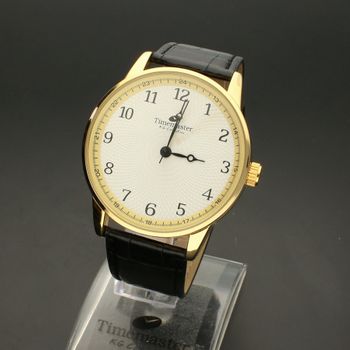 Zegarek męski na skórzanym pasku TIMEMASTER 154-11G. Pasek skórzany czarny do zegarka męskiego ze złotą kopertą. Tarcza z czarny (2).jpg