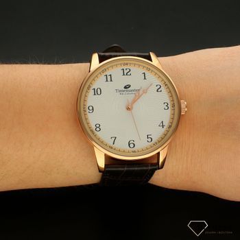 Zegarek męski na skórzanym pasku TIMEMASTER 154-11R. Pasek skórzany brązowy do zegarka męskiego z kopertą w kolorze różowego zło (1).jpg