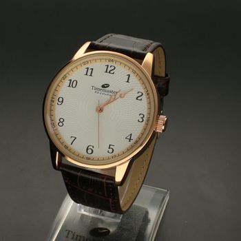 Zegarek męski na skórzanym pasku TIMEMASTER 154-11R. Pasek skórzany brązowy do zegarka męskiego z kopertą w kolorze różowego zło (3).jpg