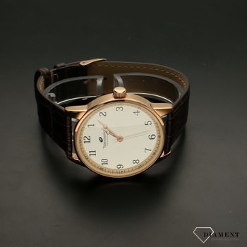 Zegarek męski na skórzanym pasku TIMEMASTER 154-11R. Pasek skórzany brązowy do zegarka męskiego z kopertą w kolorze różowego zło (4).jpg