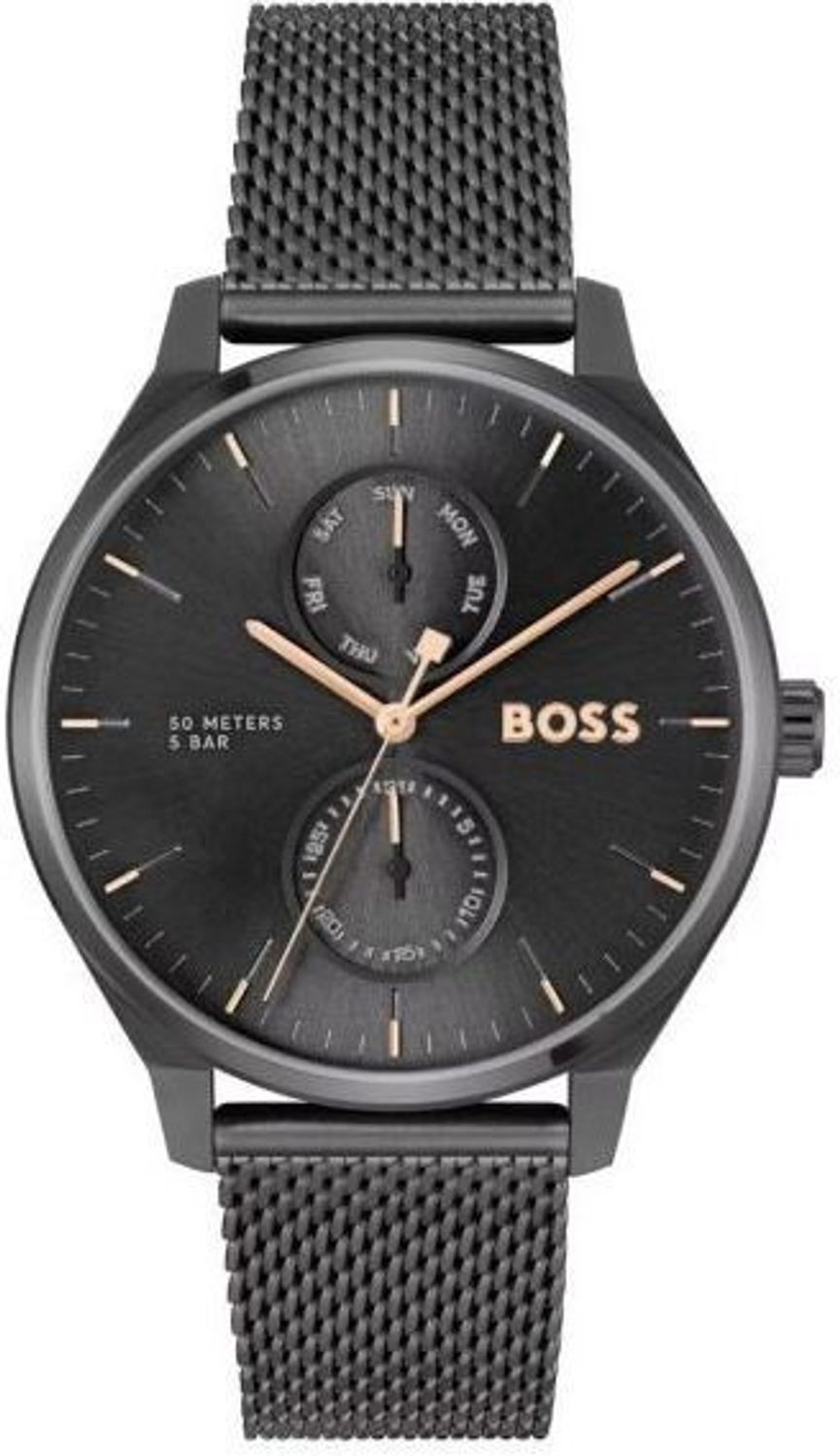 Hugo Boss Tyler – elegancki zegarek męski ze stali szlachetnej z czarną tarczą, mechanizmem kwarcowym, datownikiem i wskaźnikiem dnia tygodnia. Wodoszczelność 5 bar, szkło mineralne, 1.jpg