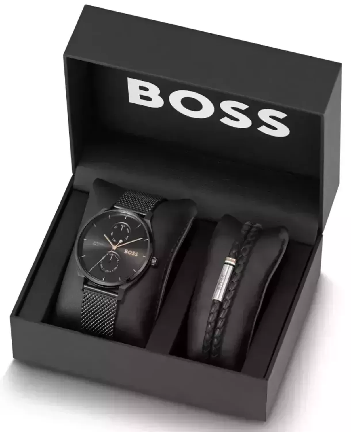 Hugo Boss Tyler – elegancki zegarek męski ze stali szlachetnej z czarną tarczą, mechanizmem kwarcowym, datownikiem i wskaźnikiem dnia tygodnia. Wodoszczelność 5 bar, szkło mineralne, 1.jpg