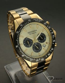 Zegarek męski na złotej bransolecie Sekonda 1650. Masywny zegarek męski Sekonda w kolorze złotym ze złotą tarczą i złotymi wskazówkami to elegancji model którego koperta została połączona  z wytrzymałą bransoletą wykonaną ze st (3).jpg