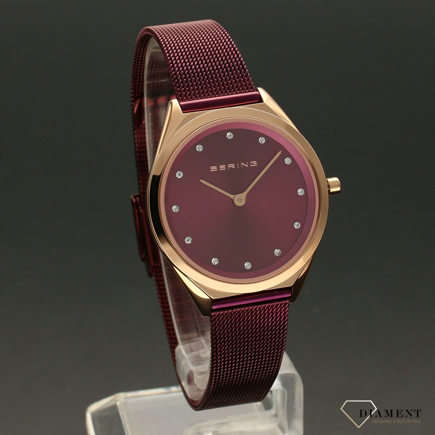 Zegarek damski na bransolecie w kolorze fioletowym z pozłacaną kopertą Bering 17031-969 (1).jpg