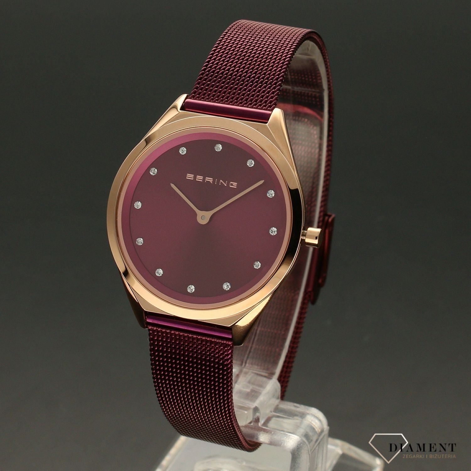 Zegarek damski na bransolecie w kolorze fioletowym z pozłacaną kopertą Bering 17031-969 (1).jpg