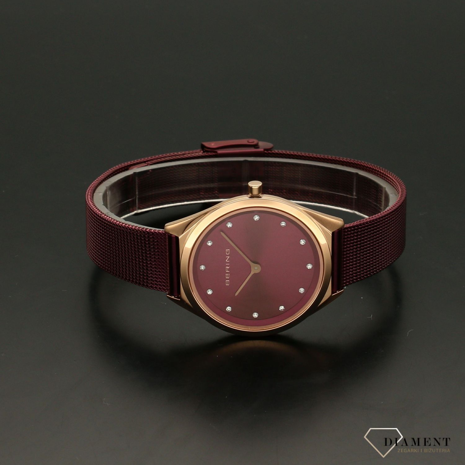 Zegarek damski na bransolecie w kolorze fioletowym z pozłacaną kopertą Bering 17031-969 (1).jpg