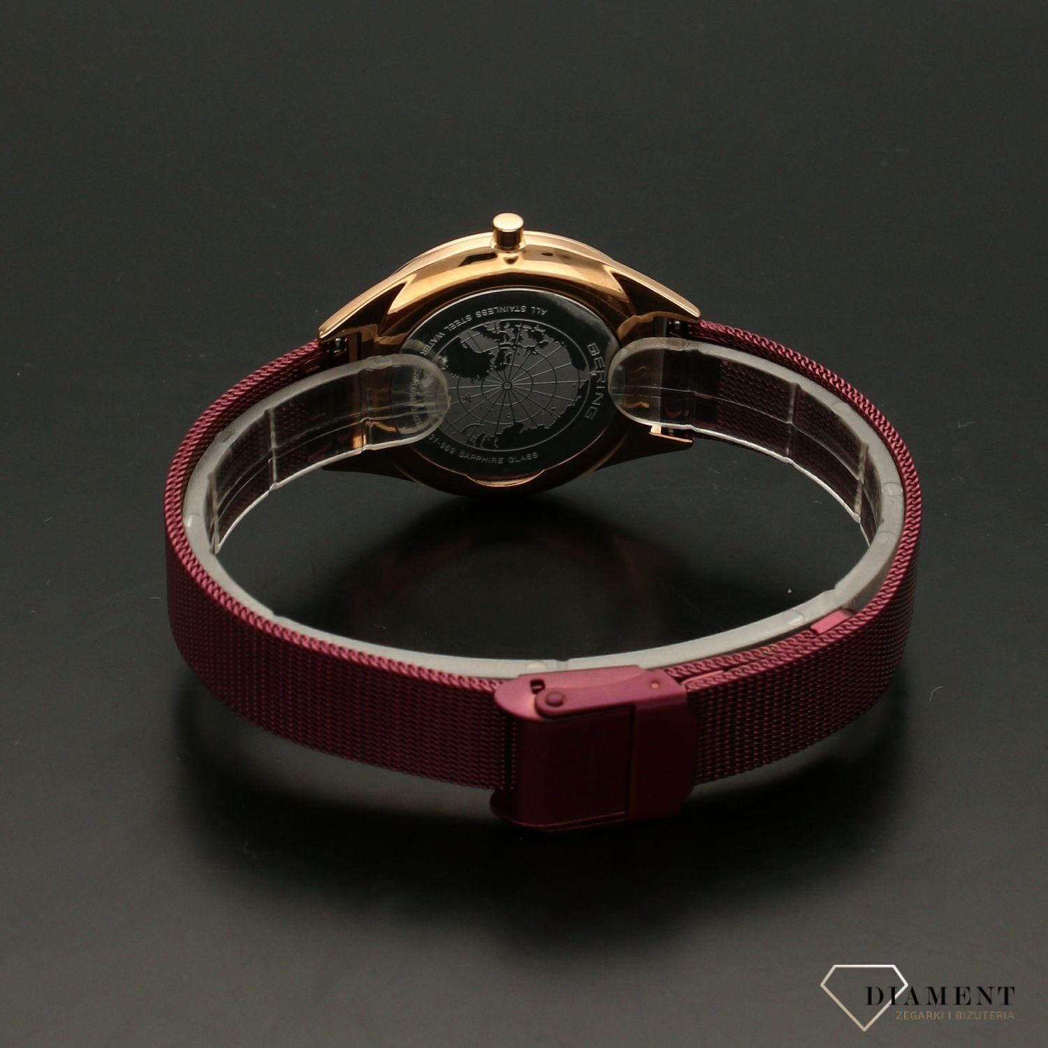 Zegarek damski na bransolecie w kolorze fioletowym z pozłacaną kopertą Bering 17031-969 (1).jpg