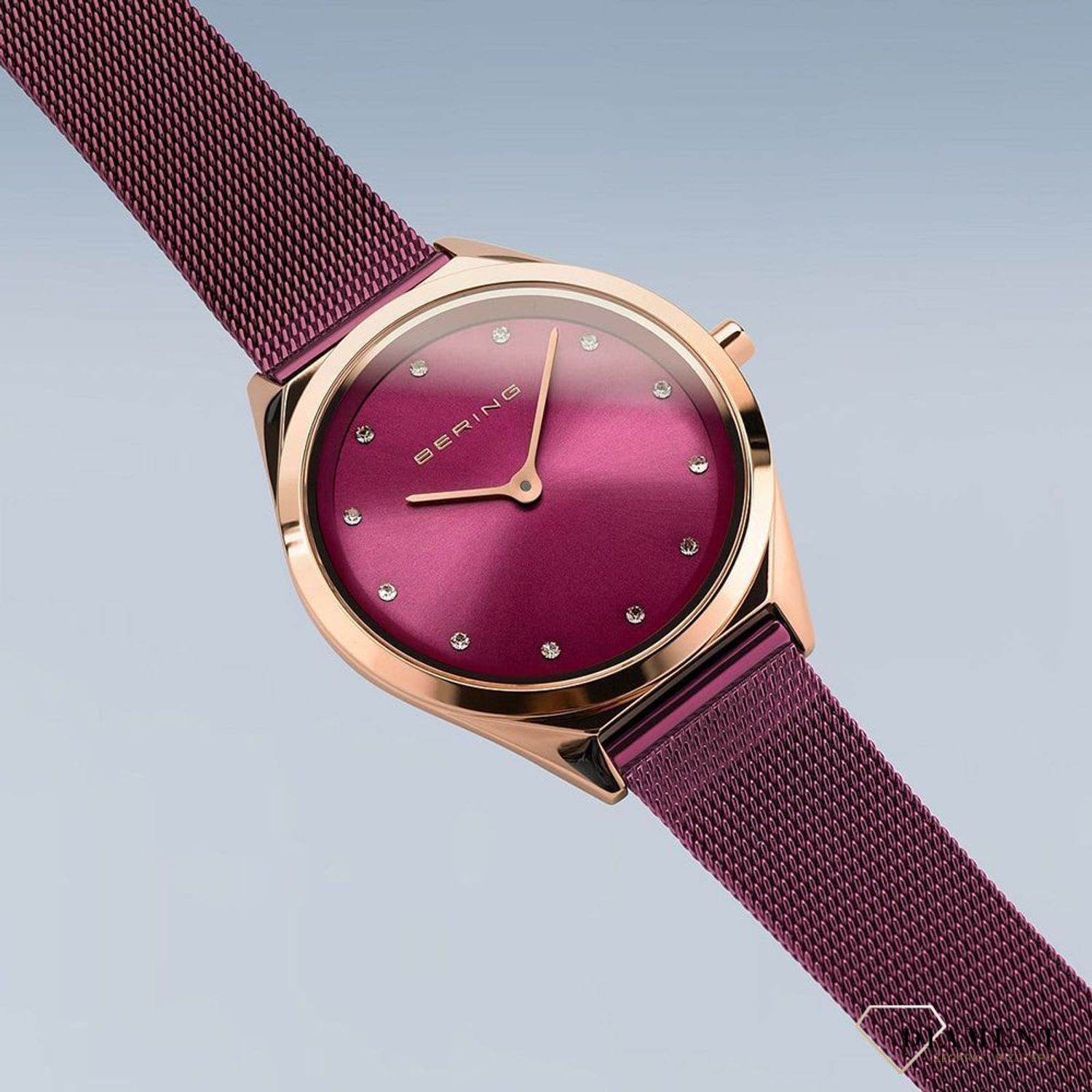 Zegarek damski na bransolecie w kolorze fioletowym z pozłacaną kopertą Bering 17031-969 (1).jpg