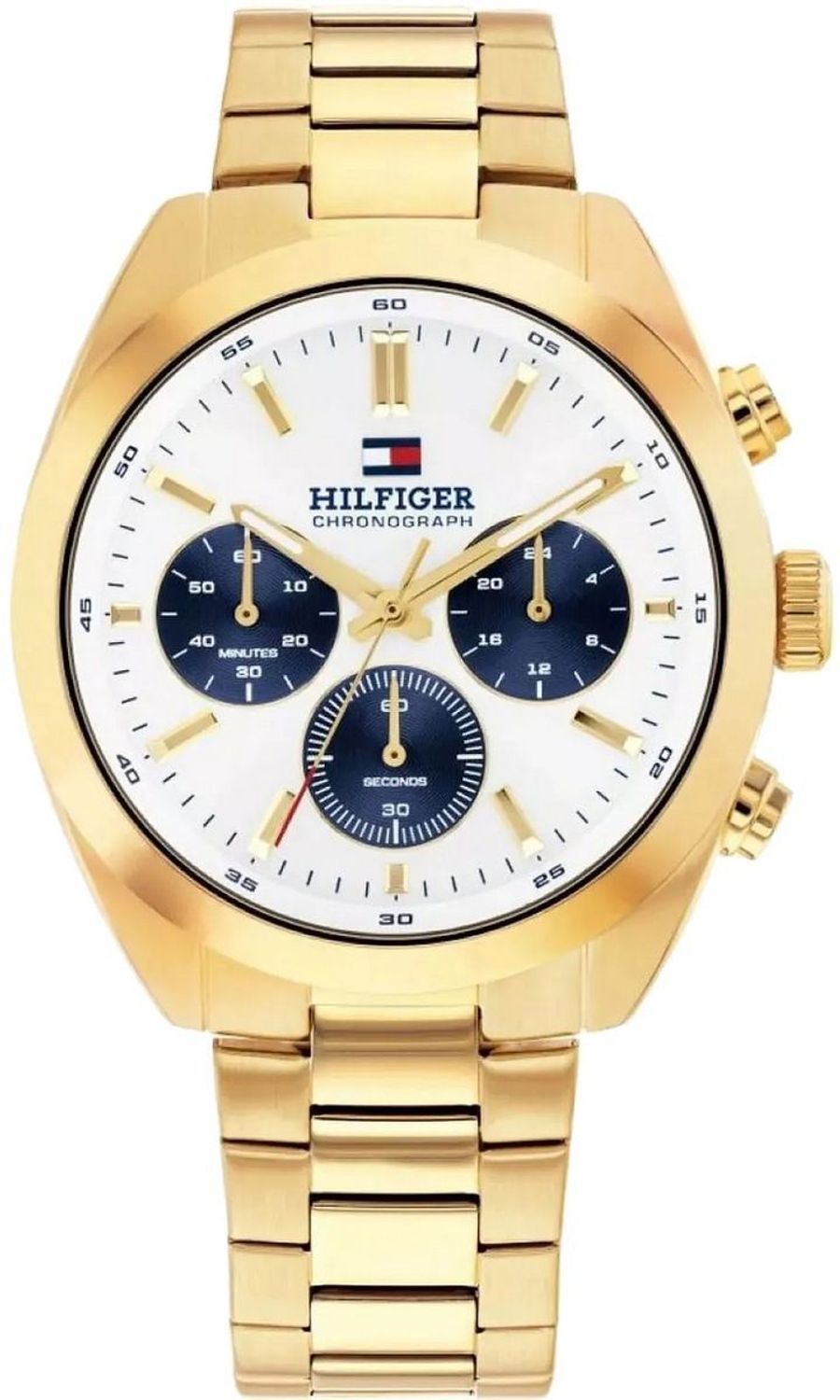Tommy Hilfiger 1710723 – zegarek męski o klasycznym stylu. Złota bransoleta, biała tarcza, chronograf, datownik i niezawodny mechanizm kwarcowy. Styl i prestiż w eleganckim wydaniu.1.jpg