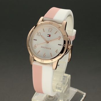 Zegarek dla dziewczynki na silikonowym pasku w kolorze biało- różowym Tommy Hilfiger 1720015 z kolekcji Kids i kopertą w kolorze różowego złota.  (2).jpg