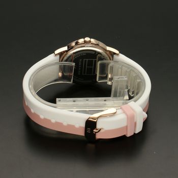 Zegarek dla dziewczynki na silikonowym pasku w kolorze biało- różowym Tommy Hilfiger 1720015 z kolekcji Kids i kopertą w kolorze różowego złota.  (4).jpg