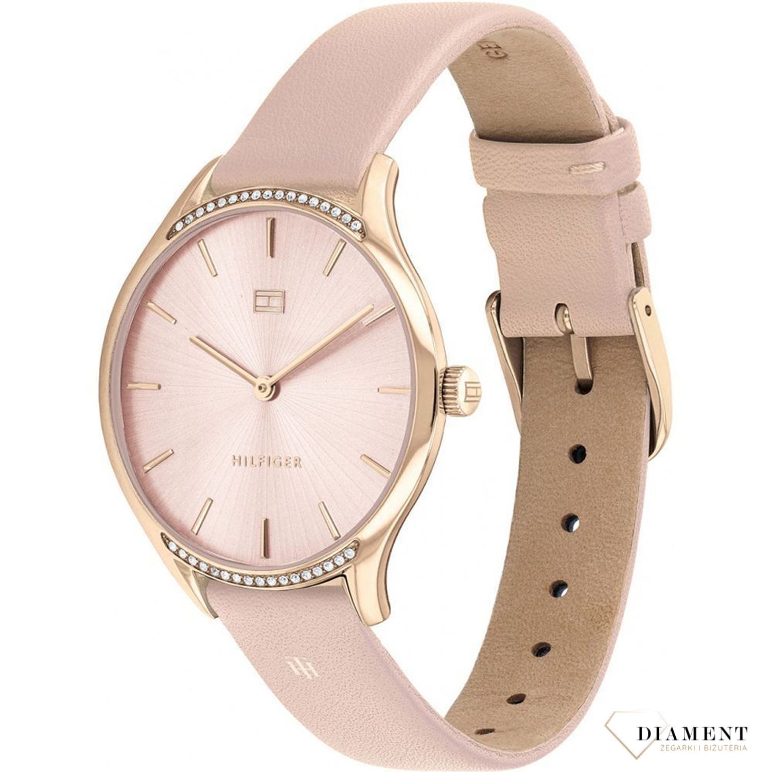 Modny zegarek damski w pięknym pudrowym różu kolorze. Pasek z delikatnej skórki cielesnej. Zapięcie na stalową sprzączkę.  (3).jpg