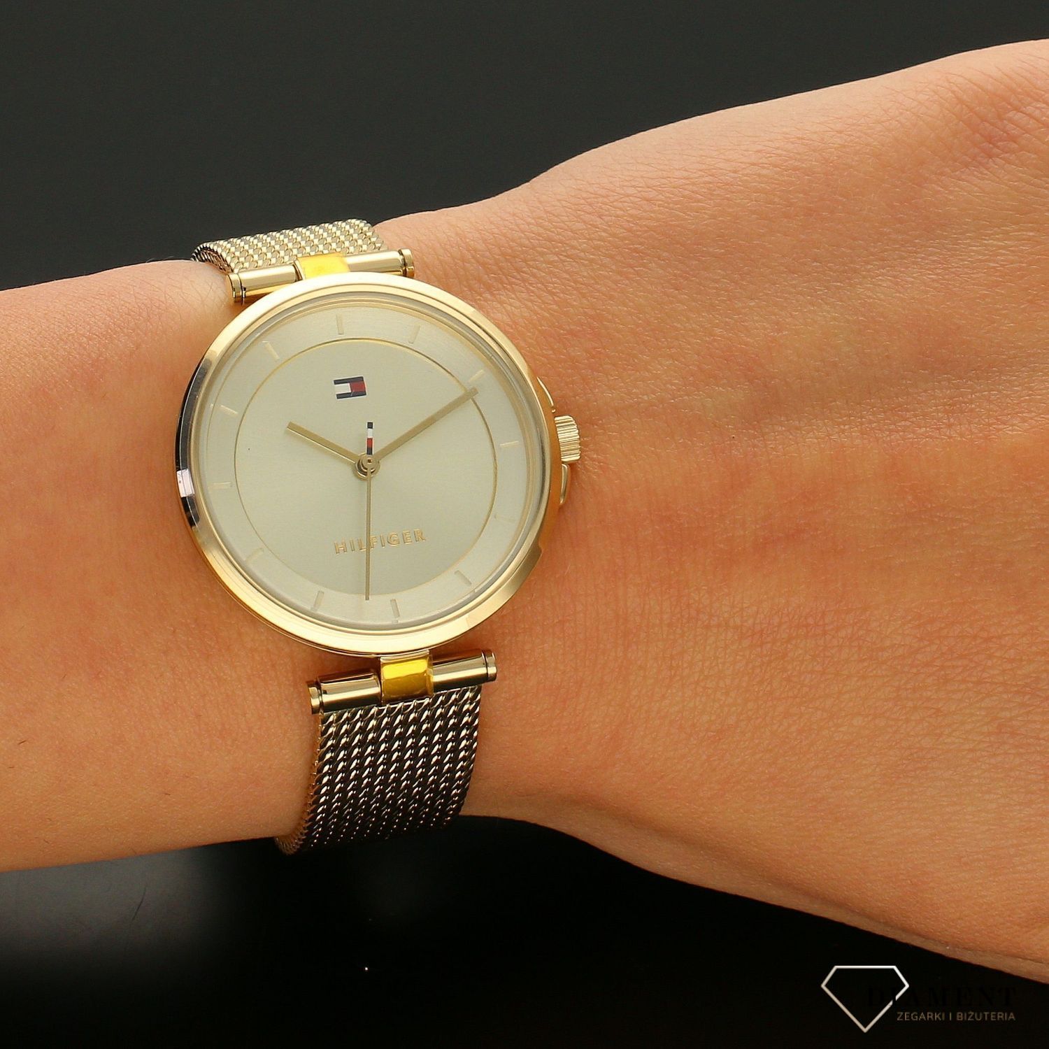 Zegarek damski pozłacany firmy Tommy Hilfiger z kolekcji Cami o numerze 1782362 na pozłacanej bransolecie..jpg