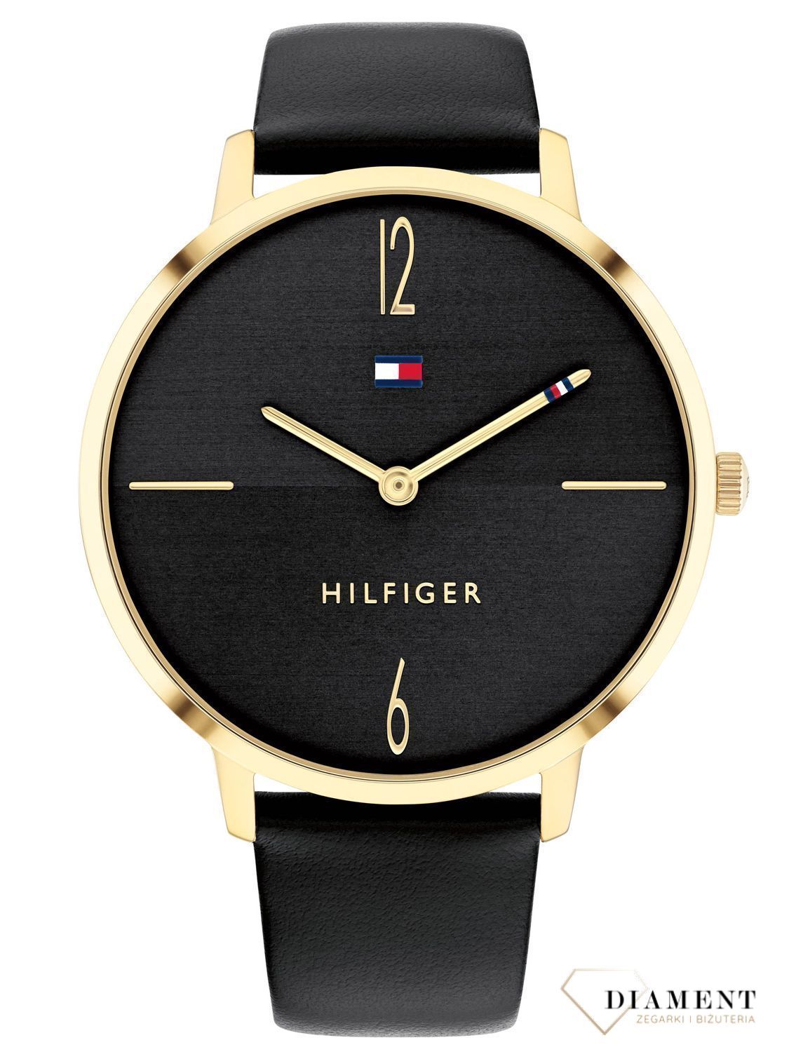 Zegarek damski na czarnym pasku skórzanym Tommy Hilfiger z kolekcji Liza 1782379 z pozłacaną kopertą i logo TH.jpg