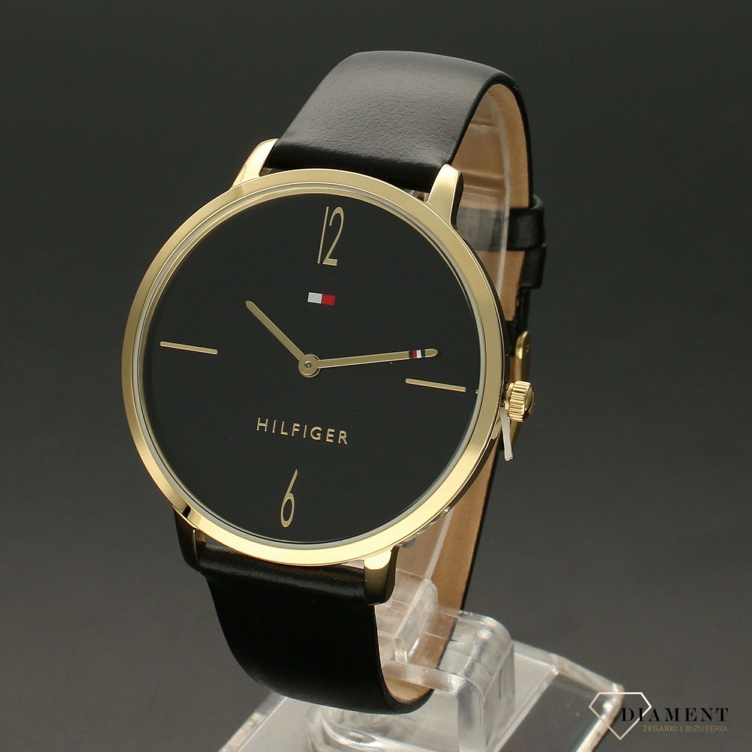 Zegarek damski na czarnym pasku skórzanym Tommy Hilfiger z kolekcji Liza 1782379 z pozłacaną kopertą i logo TH.jpg