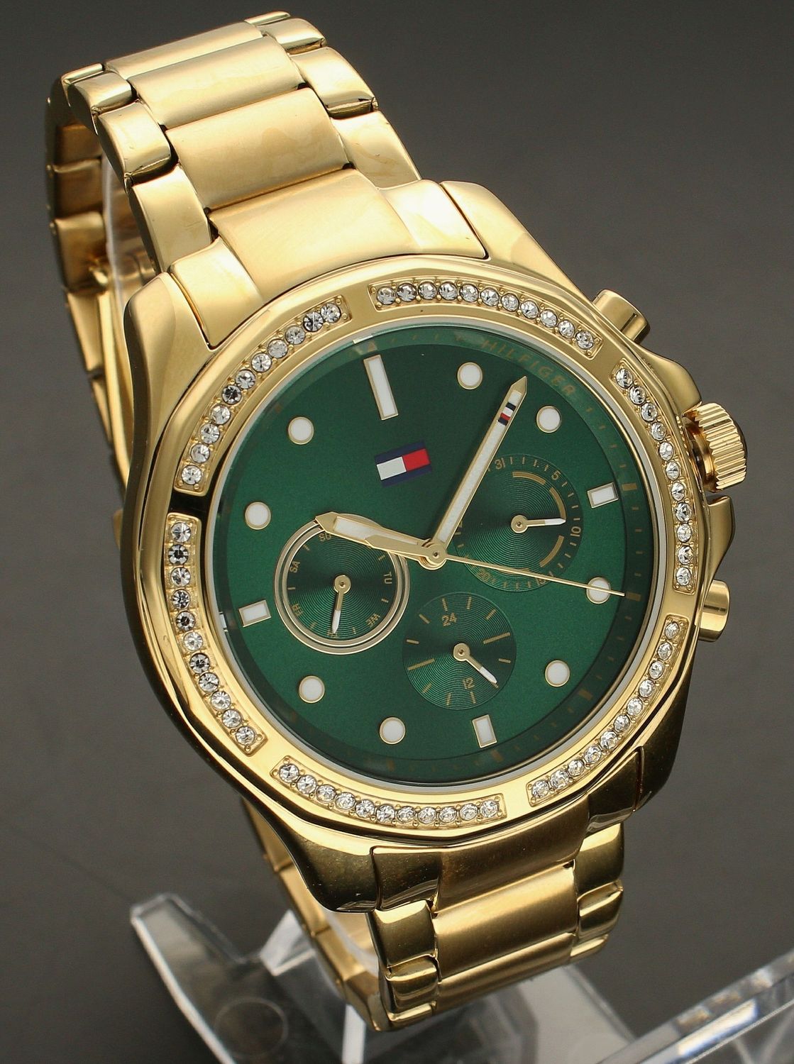 Złoty damski zegarek TOMMY HILFIGER 1782614 z zieloną tarczą i cyrkoniamid (2).jpg