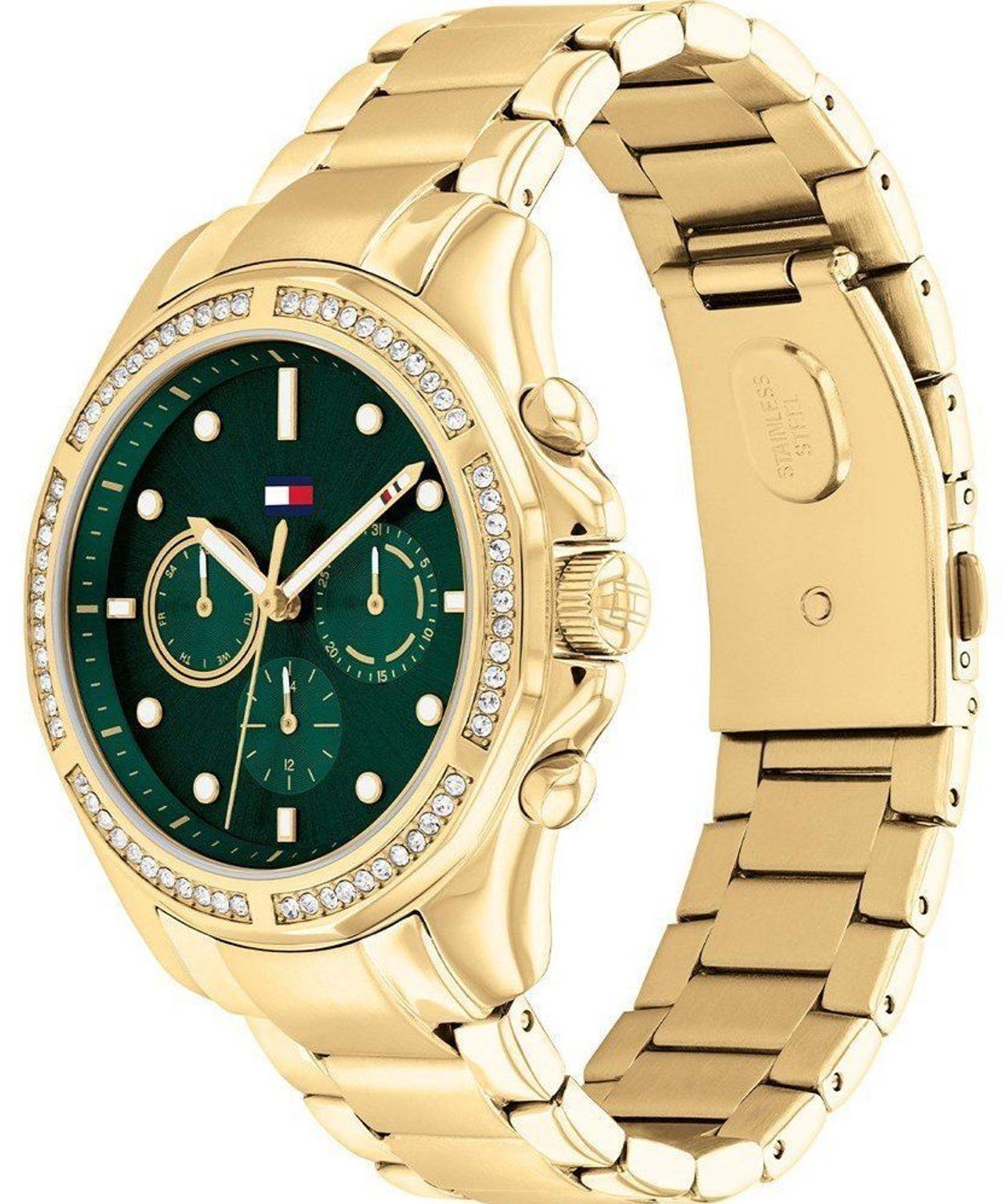 Złoty damski zegarek TOMMY HILFIGER 1782614 z zieloną tarczą i cyrkoniamid (2).jpg