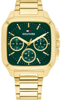 Zegarek męski Tommy Hilfiger 1792223 – złota koperta i bransoleta, elegancka zielona tarcza, prostokątny kształt, mechanizm kwarcowy. Idealny do stylizacji codziennych i formalnych.1.jpg