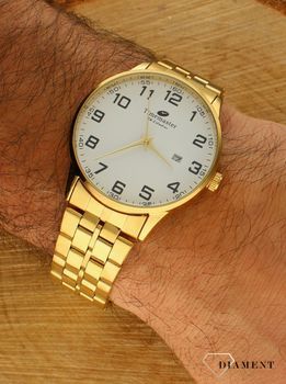 Zegarek męski klasyczny na złotej bransolecie z czytelną tarczą TIMEMASTER  181-11. Zegarek męski. Zegarek męski o klasycznym wyglądzie na złotej bransolecie. Tarcza zegarka w kolorze białym z czarnymi, czytelnymi cyframi arabskimi (1).jpg