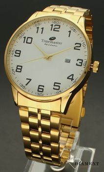 Zegarek męski klasyczny na złotej bransolecie z czytelną tarczą TIMEMASTER  181-11. Zegarek męski. Zegarek męski o klasycznym wyglądzie na złotej bransolecie. Tarcza zegarka w kolorze białym z czarnymi, czytelnymi cyframi arabskimi.jpg