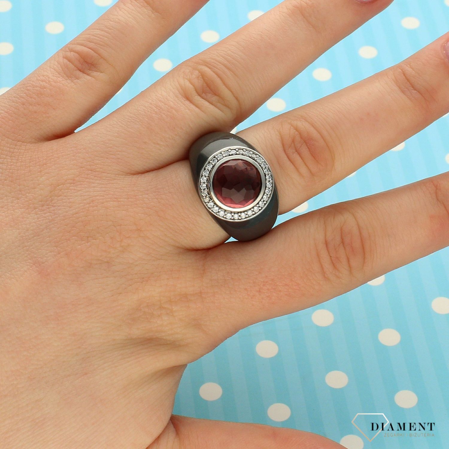 Srebrny pierścionek TI SENTO szara emalia i duża fioletowa cyrkonia 1844EA54.jpg