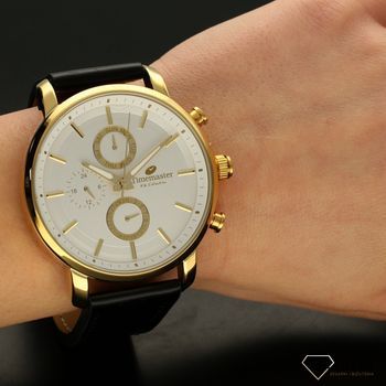 Zegarek męski Timemaster 192-66 złote tarcze. Zegarek męski zachowany w nowoczesnej odsłonie ze złotymi dodatkami. Zegarek męski skórzany w kolorze czarnym. Zegarek męski z białą tarczą.  (1).jpg