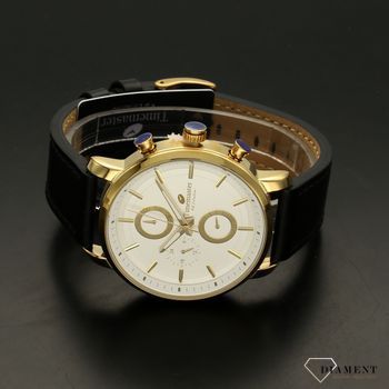 Zegarek męski Timemaster 192-66 złote tarcze. Zegarek męski zachowany w nowoczesnej odsłonie ze złotymi dodatkami. Zegarek męski skórzany w kolorze czarnym. Zegarek męski z białą tarczą.  (4).jpg