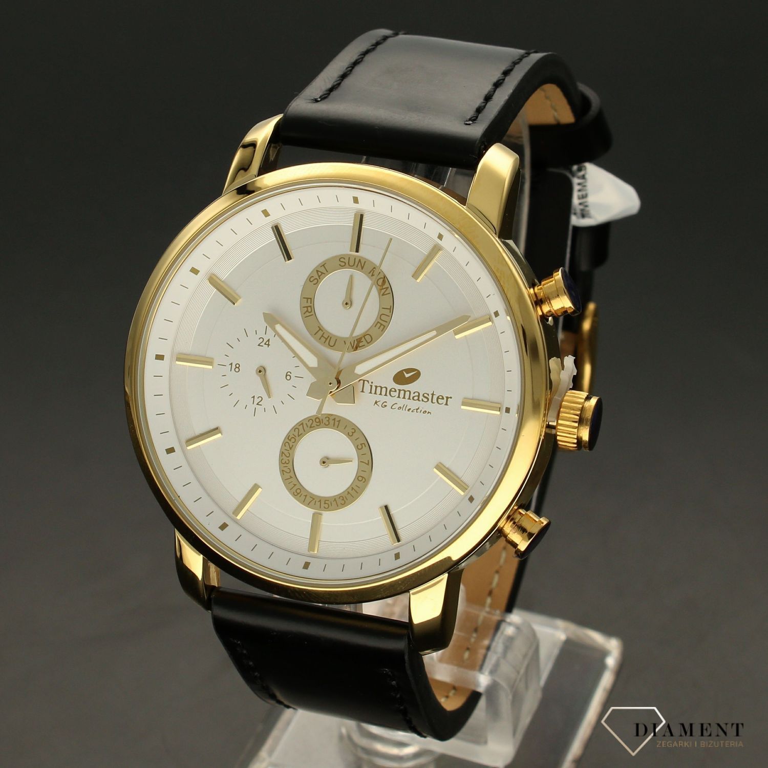 Zegarek męski Timemaster 192-66 złote tarcze. Zegarek męski zachowany w nowoczesnej odsłonie ze złotymi dodatkami. Zegarek męski skórzany w kolorze czarnym. Zegarek męski z białą tarczą.  (2).jpg