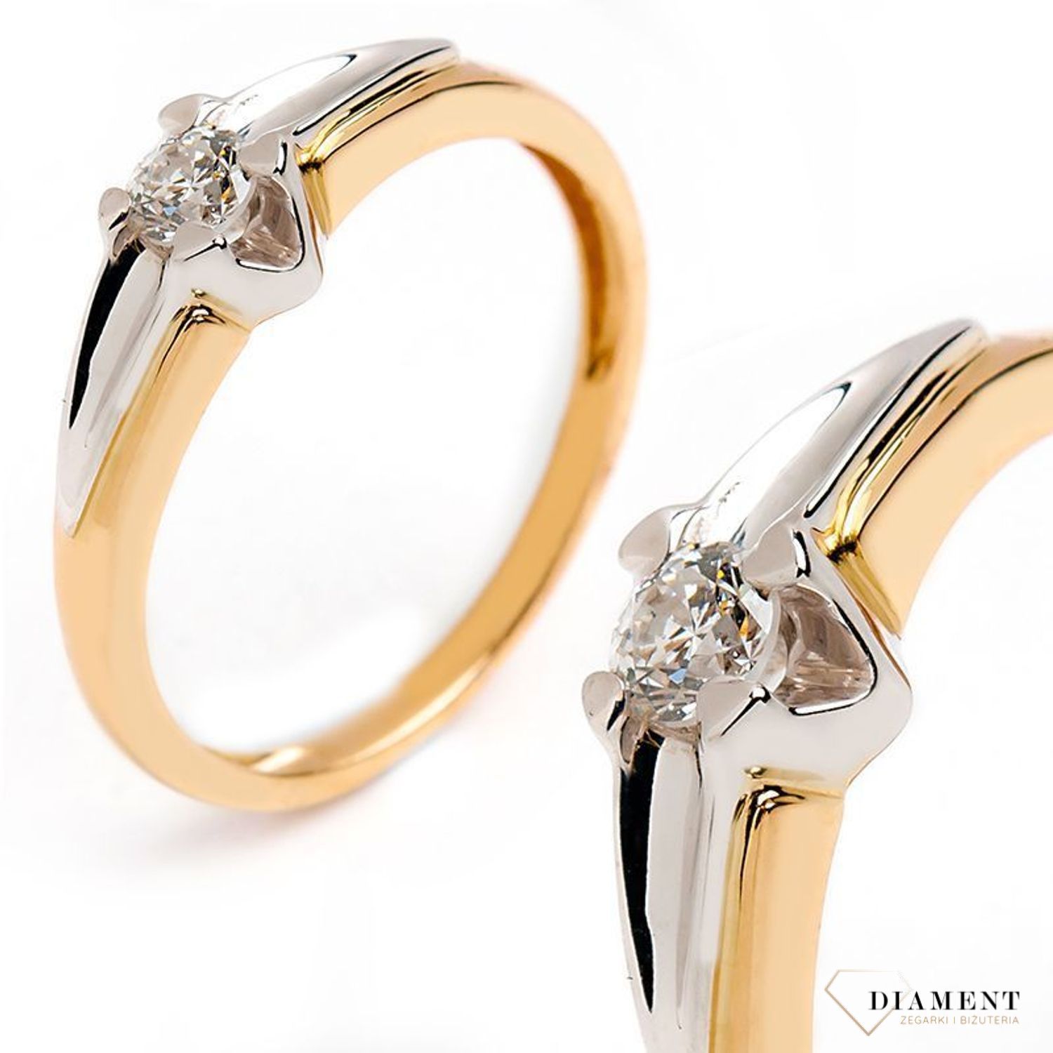 Pierścionek złoty DIAMENT żółte i białe złoto, jeden diament, klasyczny. Pierścionki zaręczynowe. Piękny pierścionek ozdobiony trzema brylantami. Pierścionek z brylantem wielkości 0,20 ct, barwie H oraz.jpg