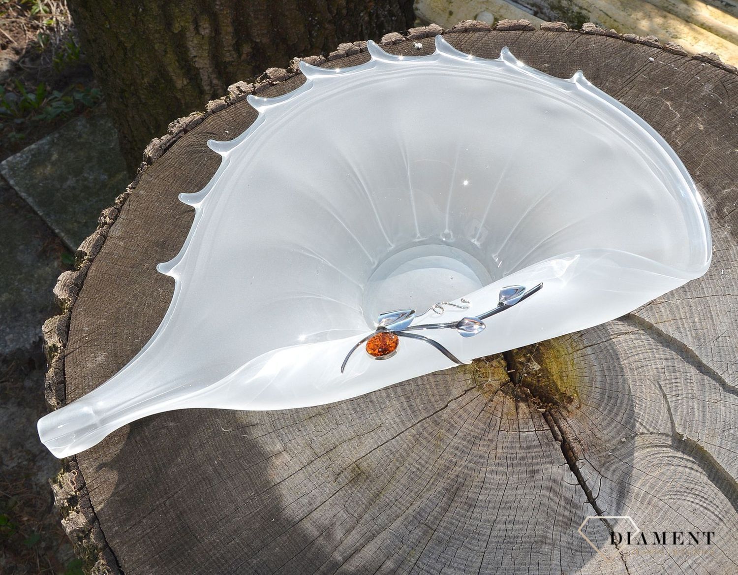 Patera na owoce owocarka szklana z bursztynem 1O8N2. Patera na owoce z bursztynem i srebrem. Patera na owoce szklana, która świetnie uzupełni aranżację Twojego stołu.11.JPG