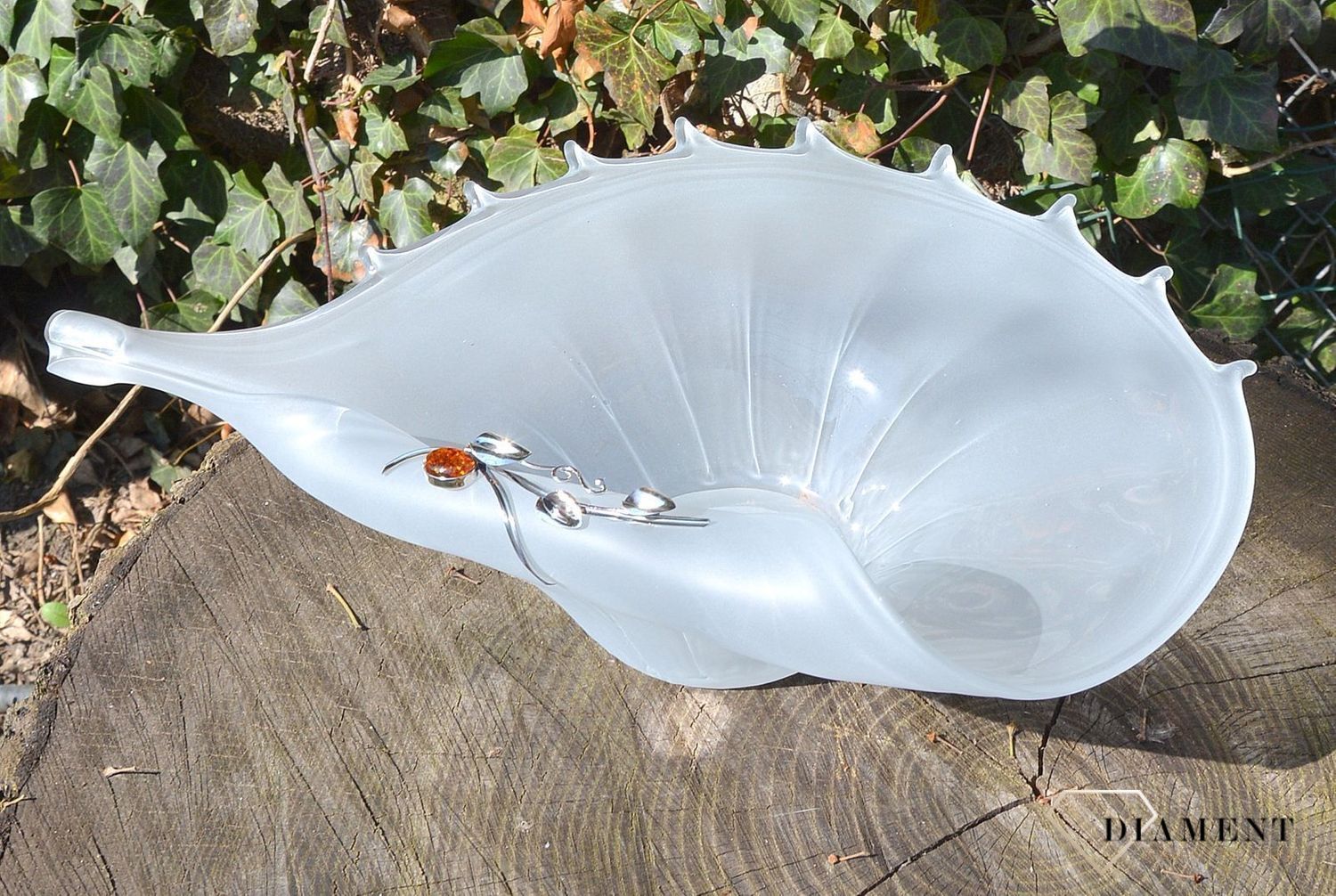 Patera na owoce owocarka szklana z bursztynem 1O8N2. Patera na owoce z bursztynem i srebrem. Patera na owoce szklana, która świetnie uzupełni aranżację Twojego stołu.11.JPG