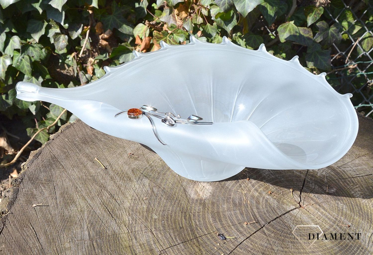 Patera na owoce owocarka szklana z bursztynem 1O8N2. Patera na owoce z bursztynem i srebrem. Patera na owoce szklana, która świetnie uzupełni aranżację Twojego stołu.11.JPG