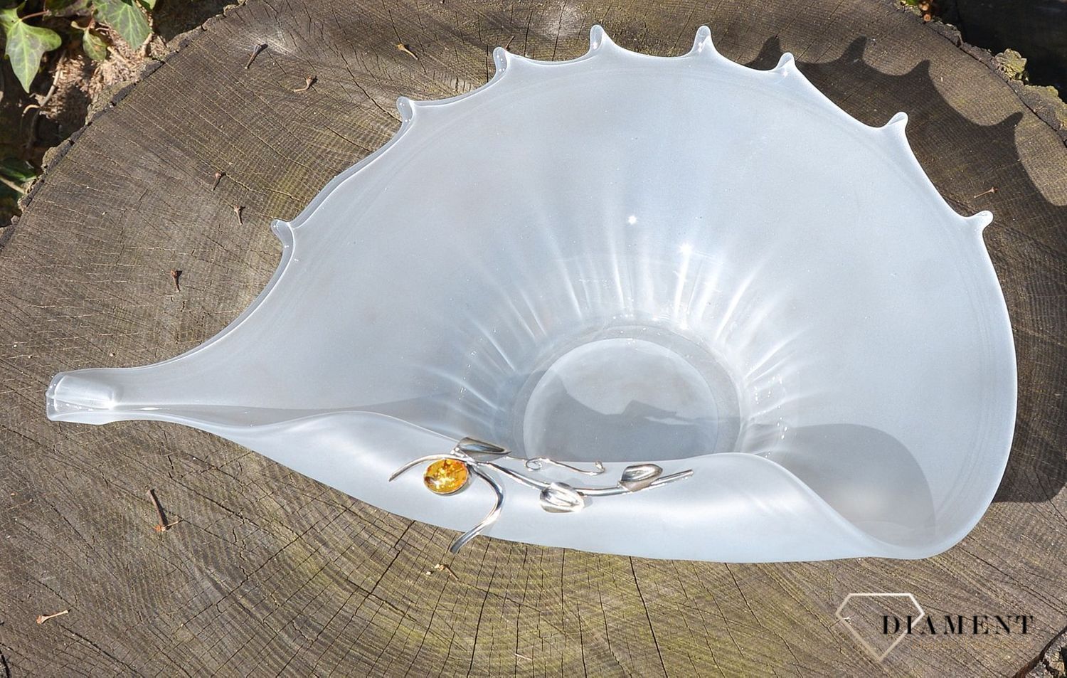 Patera na owoce owocarka szklana z bursztynem 1O8N2. Patera na owoce z bursztynem i srebrem. Patera na owoce szklana, która świetnie uzupełni aranżację Twojego stołu..JPG