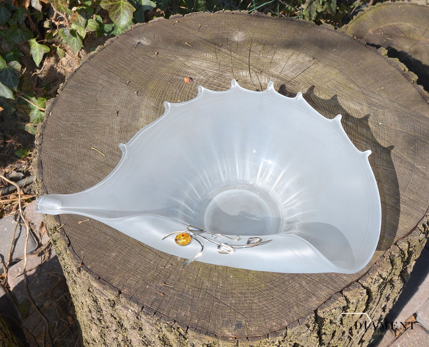 Patera na owoce owocarka szklana z bursztynem 1O8N2. Patera na owoce z bursztynem i srebrem. Patera na owoce szklana, która świetnie uzupełni aranżację Twojego stołu..JPG