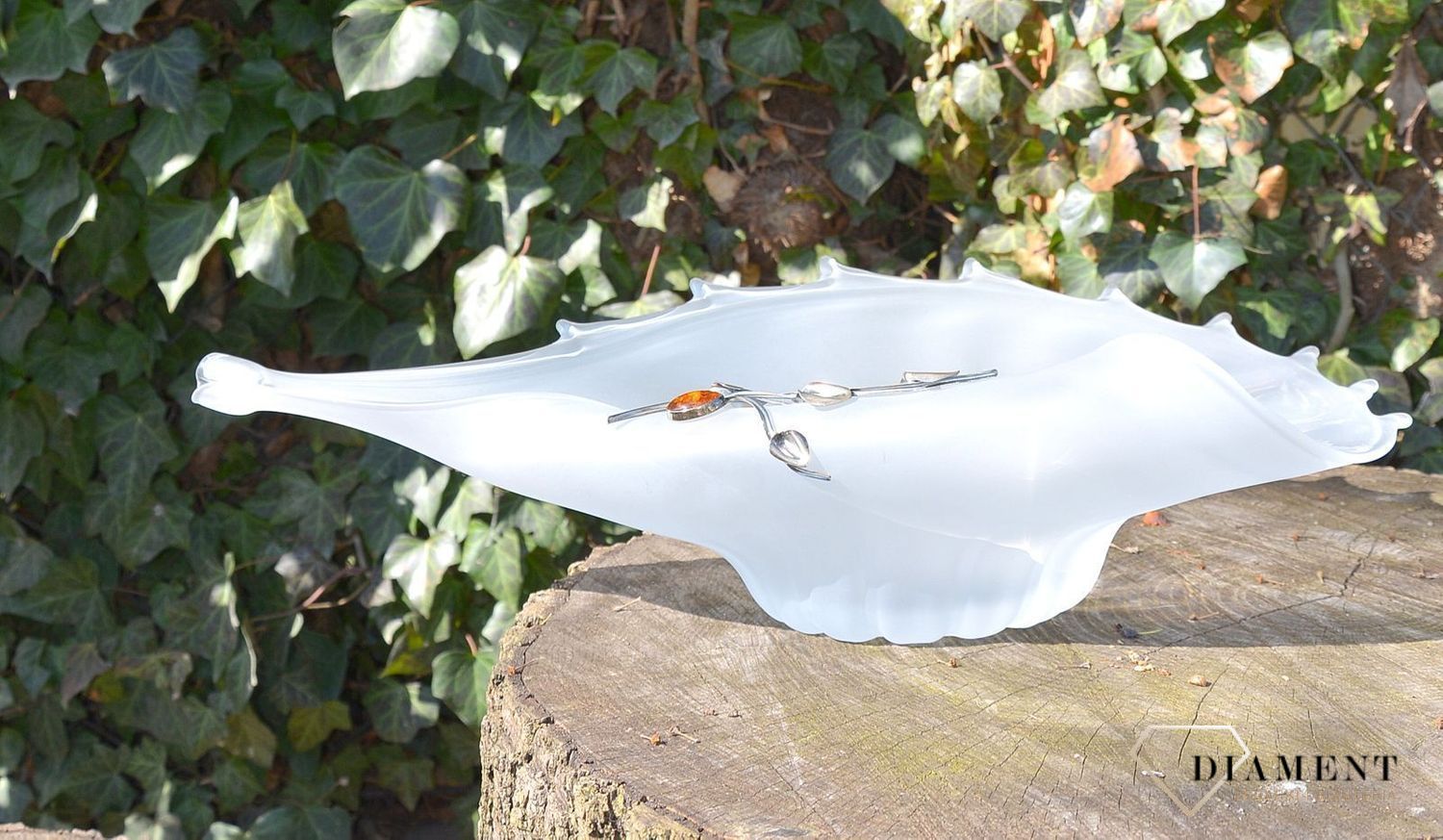 Patera na owoce owocarka duża muszla z bursztynem 1O9N2.  Patera na owoce z bursztynem i srebrem. Patera na owoce szklana, która świetnie uzupełni aranżację Twojego stołu.4.JPG