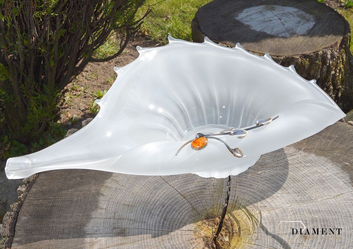 Patera na owoce owocarka duża muszla z bursztynem 1O9N2.  Patera na owoce z bursztynem i srebrem. Patera na owoce szklana, która świetnie uzupełni aranżację Twojego stołu.4.JPG