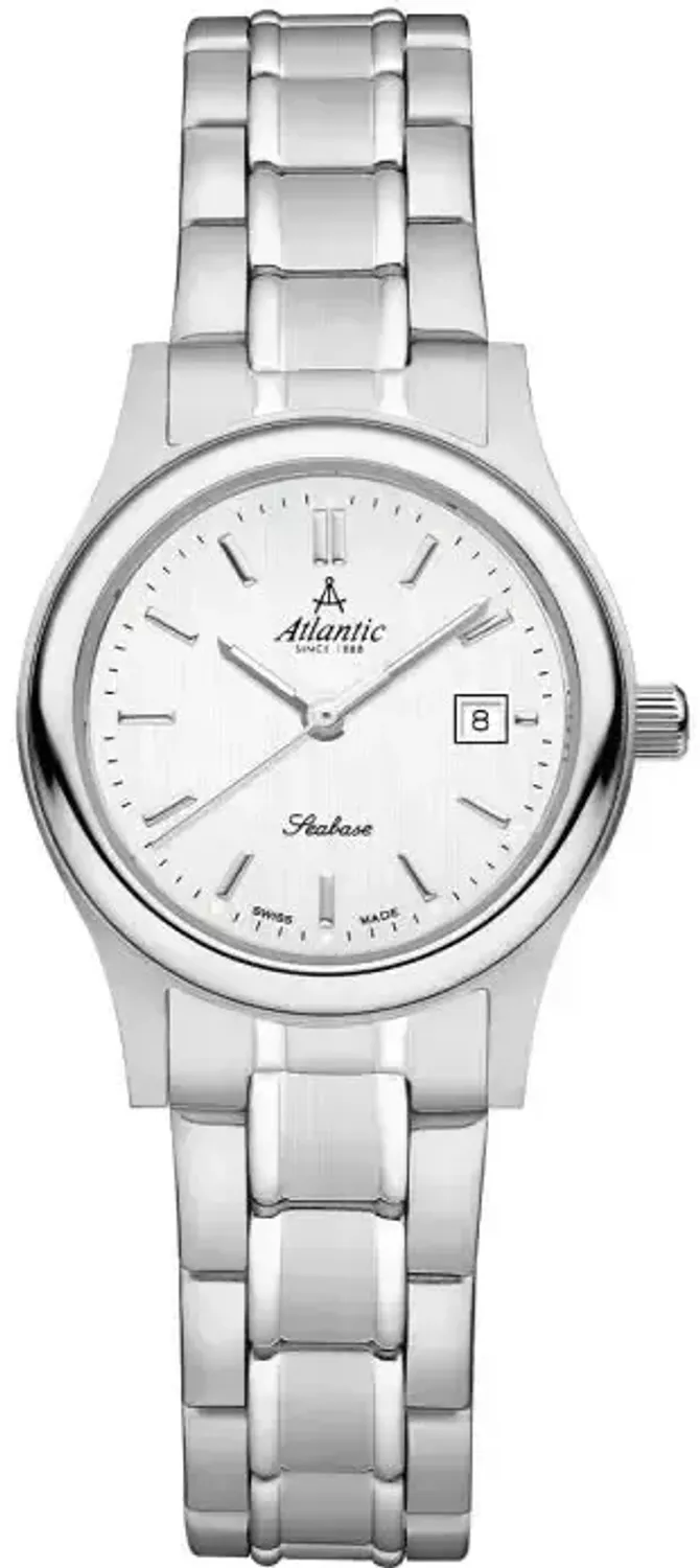 Atlantic Seabase 20348.41.21 to elegancki damski zegarek z precyzyjnym szwajcarskim mechanizmem kwarcowym, stalową kopertą i bransoletą oraz szafirowym szkłem. Wodoszczelność 50 m, datownik, 1.webp