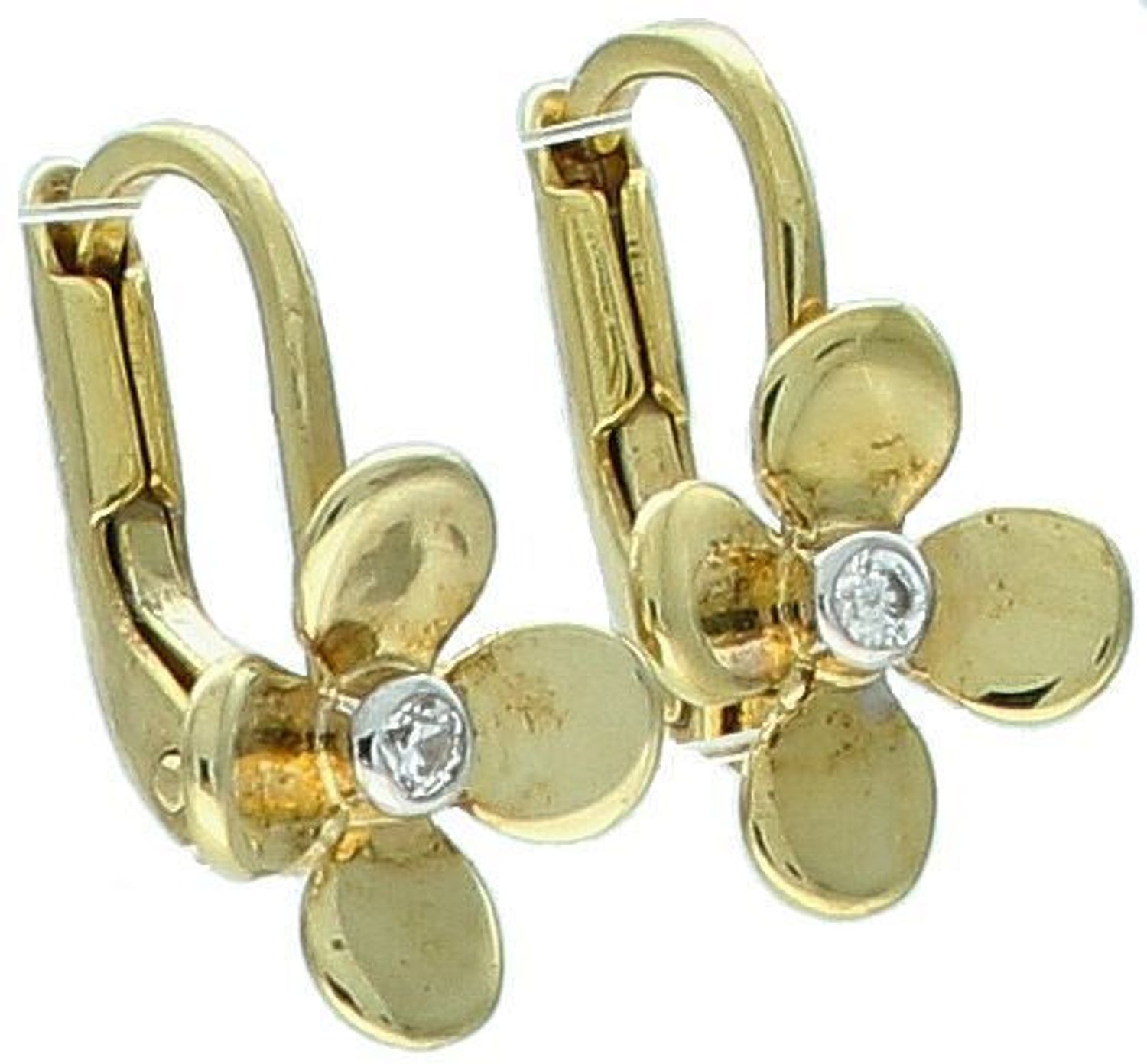 Złote kolczyki w kształcie kwiatka z czterema płatkami  i białą cyrkonią 333. Złote kolczyki kwiatki wykonane z 8 karatowego złota to doskonały pomysł na prezent. Złote kolczyki kwiatki 333 1.jpg