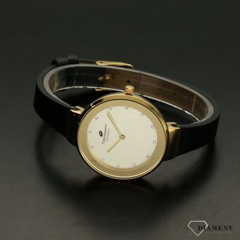 Zegarek damski Timemaster 206-1B czarny pasek złota koperta. Zegarek damski ze srebrną tarczą ozdobiony indeksami w formie błyszczących cyrkonii. Zegarek damski na skórzanym, czarnym pasku. Elegancki zegarek damski. Świetny po (4).jpg