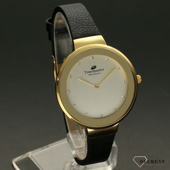Zegarek damski Timemaster 206-1B czarny pasek złota koperta. Zegarek damski ze srebrną tarczą ozdobiony indeksami w formie błyszczących cyrkonii. Zegarek damski na skórzanym, czarnym pasku. Elegancki zegarek damski. Świetny po.jpg