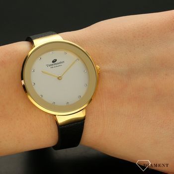 Zegarek damski Timemaster 206-1B czarny pasek złota koperta. Zegarek damski ze srebrną tarczą ozdobiony indeksami w formie błyszczących cyrkonii. Zegarek damski na skórzanym, czarnym pasku. Elegancki zegarek damski. Świetny pomy (1).jpg